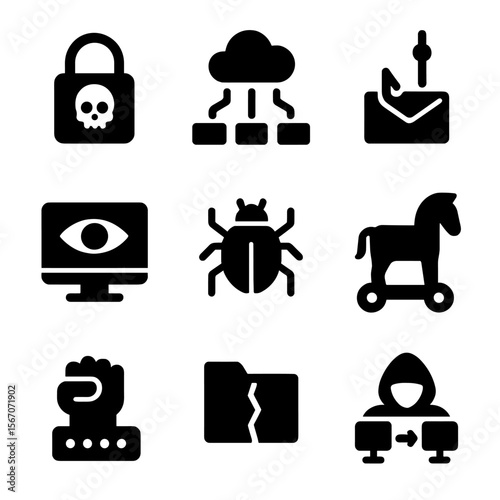 Cyber Attack Icons. Solid, filled icon set of cyber attack types: ransomware, DDoS attack, phishing scam, spyware, virus, trojan