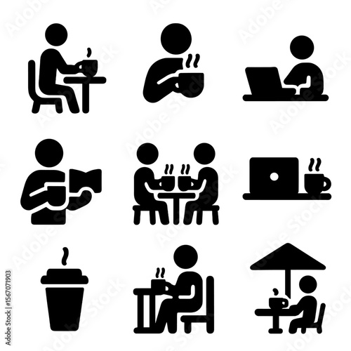 Coffee Habits Icons. Solid, filled icon set of coffee drinking habits: coffee break, morning cup, office coffee, reading with