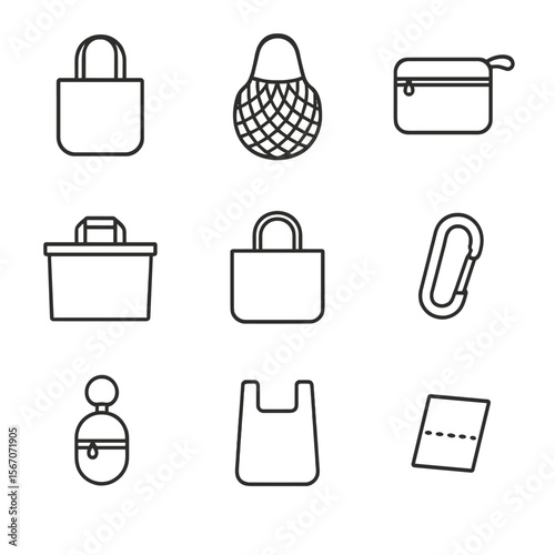 Reusable Bag Icons. Outline icon set of reusable bag materials and design: cotton tote silhouette, mesh produce bag, nylon