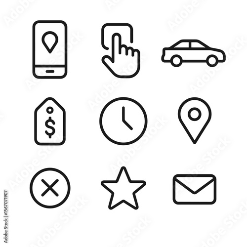 Ride-Hailing Icon Set. Outline icon set of ride-hailing app workflow: smartphone with map pin, request button tap, driver en route