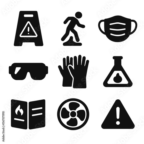 Cleaning Safety Icons. Solid, filled icon set of cleaning safety measures: caution sign, wet floor icon, face mask, safety goggles