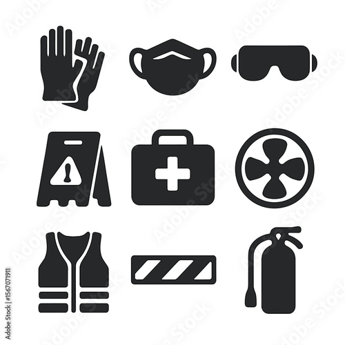 Cleaning Safety Icons. Solid, filled icon set of cleaning safety: gloves, mask, goggles, caution sign, first aid kit, ventilation