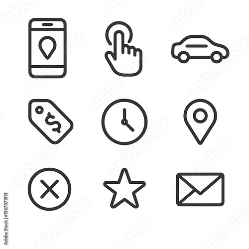 Ride-Hailing Icon Set. Outline icon set of ride-hailing app workflow: smartphone with map pin, request button tap, driver en route