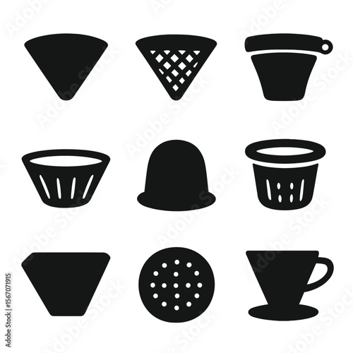 Coffee Filter Icons. Solid, filled icon set of coffee filter brands and styles: classic cone, metal mesh, cloth filter, basket