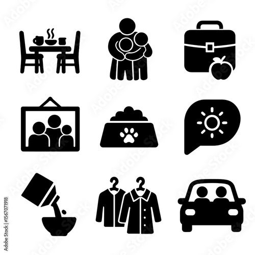 Family Morning Icons. Solid, filled icons set of shared family mornings: breakfast table, group hug, packed