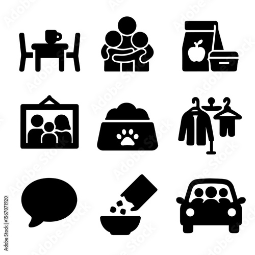 Family Morning Icons. Solid, filled icons set of shared family mornings: breakfast table, group hug, packed