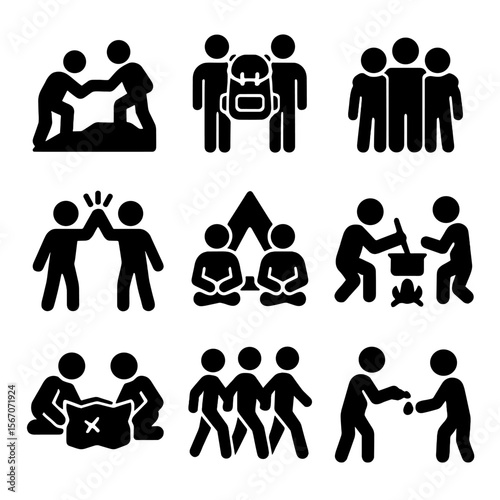 Outdoor Teamwork Icons. Solid, filled icon set of outdoor teamwork moments: helping hand, shared backpack, group photo, high five,