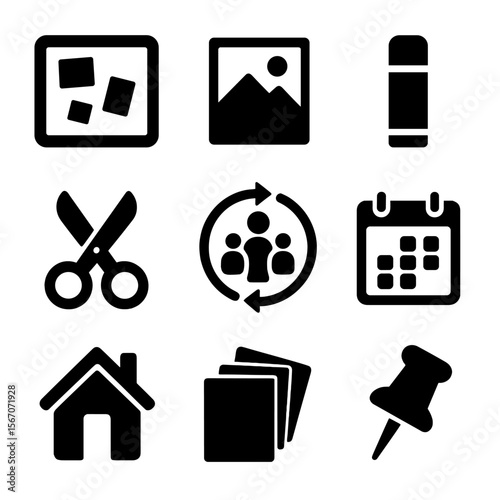 Family Vision Icons. Solid, filled icons set of creating a family vision board: cork board, photo print, glue