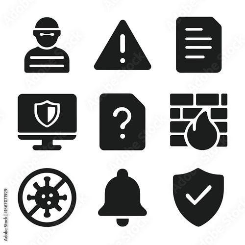 Cyber Security Icons. Solid, filled icon set of threat detection and response: intrusion detection, threat alert, system log,