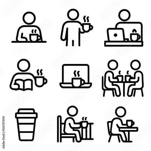 Coffee Habits Icons. Solid, filled icon set of coffee drinking habits: coffee break, morning cup, office coffee, reading with