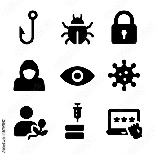 Cyber Threat Icons. Solid, filled icon set of cyber attack types: phishing hook, malware bug, ransomware lock, hacker hood,