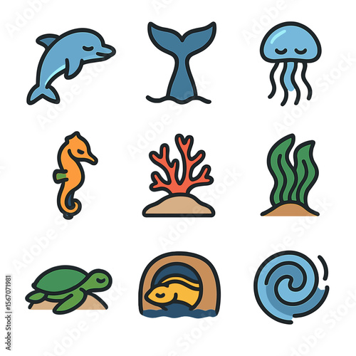 Aquatic Sleep Icons. Flat icon set of aquatic sleep adaptations: dolphin fin tuck, whale tail, jellyfish drift, seahorse clinging,