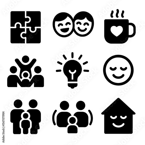 Family Icon Set. Solid, filled icons set of family teamwork and connection: puzzle icon, shared laugh, warm