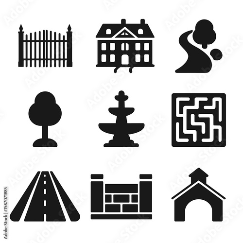 Estate Icon Collection. Solid, filled icon set of estate grounds: wrought iron gate, mansion house, garden path, topiary tree,