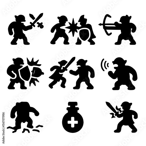 Epic Battle Icons. Solid, filled icon set of troll vs hero battles: sword clash, magic blast, arrow shot, shield block, charging