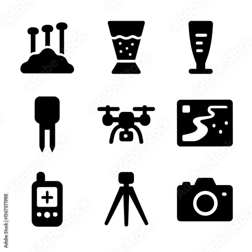 Erosion Monitoring Icons. Solid, filled icon set of outdoor and garden lighting: pathway light, solar garden light, floodlight,