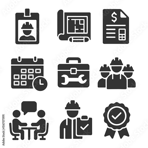 Ceiling Installation Icons. Solid, filled icons set of professional ceiling installation services: contractor