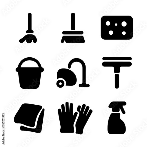 Cleanup Tools Icons. Solid, filled icon set of cleanup tools: mop, broom, sponge, bucket, vacuum cleaner, squeegee, rag, gloves,