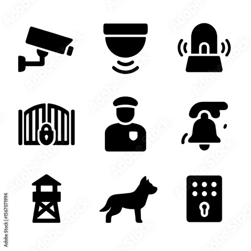 Estate Security Icon Set. Solid, filled icon set of estate security elements: CCTV camera, motion sensor, perimeter alarm, locked