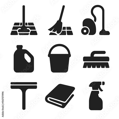 Cleaning Tools Icons. Solid, filled icon set of tiled floor cleaning: mop, broom, vacuum cleaner, cleaning solution, bucket, scrub