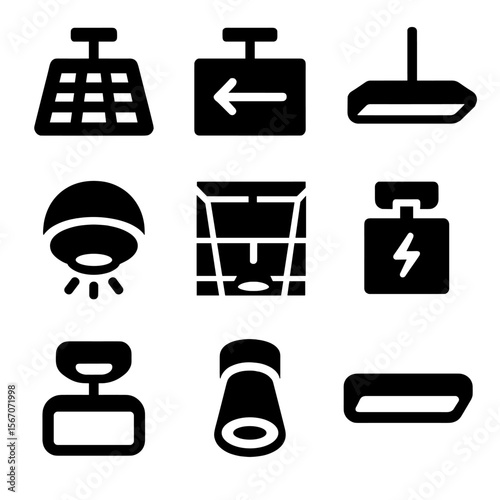 Ceiling Light Icon Set. Solid, filled icons set of ceiling lights in commercial spaces: grid panel light,