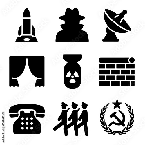 Cold War Icons. Solid, filled icon set of Cold War symbols: missile silo, spy figure, satellite dish, iron curtain, nuclear bomb,