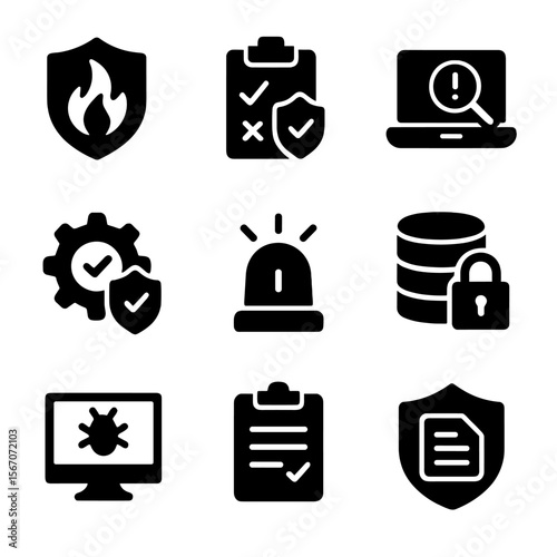 Cybersecurity Icon Set. Solid, filled icon set of cybersecurity concepts: threat detection, risk assessment, vulnerability scan,