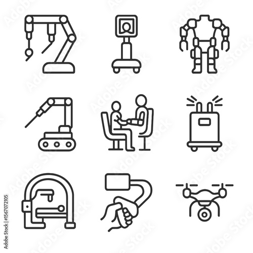 Robotic Medical Icon Set. Outline icon set of medical and surgical robotics: surgical robot arm, telemedicine robot, robotic