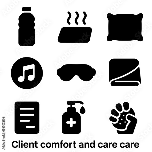 Client Comfort Icons. Solid, filled icon set of client comfort and care: water bottle, heating pad, pillow support, soothing music
