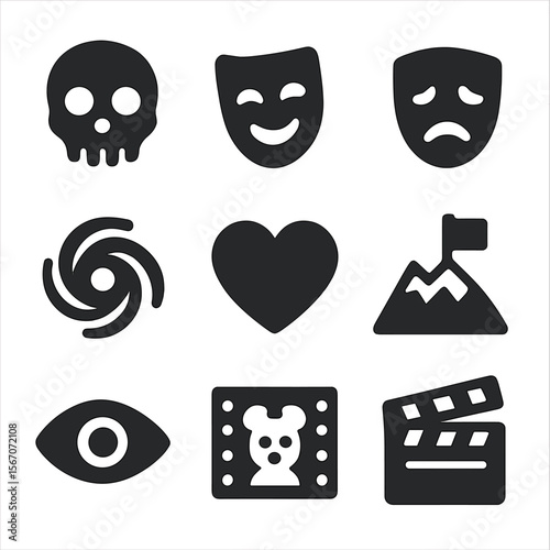Film Genre Icons. Solid, filled icons set of film genres and themed nights: horror icon, comedy mask, drama