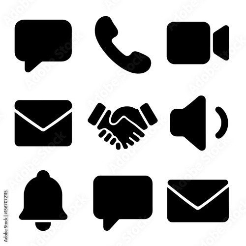 Parental Communication Icons. Solid, filled icon set of parental communication: speech bubble, phone call, video chat, email,