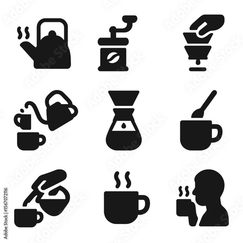 Coffee Icon Steps. Solid, filled icon set of coffee preparation steps: boiling water, grinding beans, placing filter, pouring