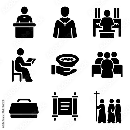 Clergy Service Icon Set. Solid, filled icon set of clergy at worship services: pulpit speaker, choir robe, organist, lector