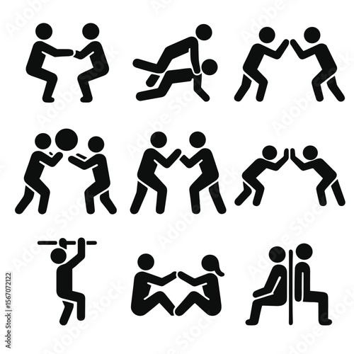 Partner Exercise Icons. Solid, filled icon set of partner bodyweight exercises: partner squat, wheelbarrow walk, partner push-up,