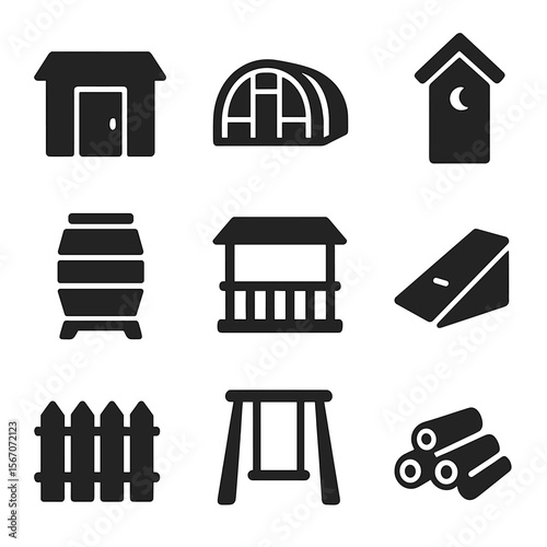 Dacha Icon Set. Solid, filled icon set of typical dacha structures: tool shed, greenhouse, outhouse, water barrel, veranda, cellar