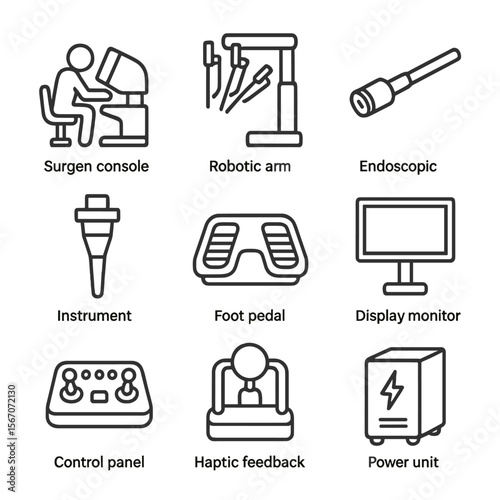 Robotic Surgery Icons. Outline icon set of robotic surgical system components: surgeon console, robotic arm, endoscopic camera,