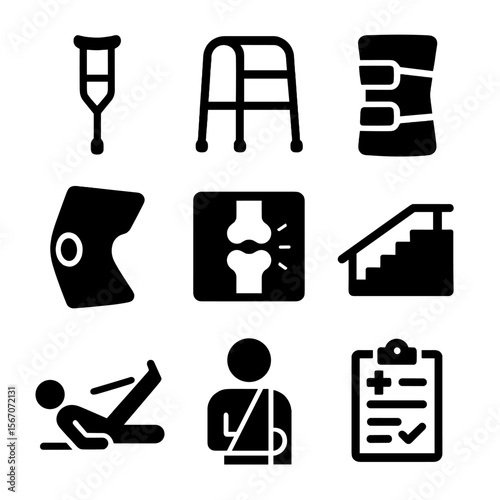 Orthopedic Icons Grid. Solid, filled icons set of orthopedic rehabilitation: crutch icon, walker frame,