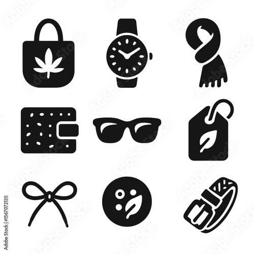 Organic Fashion Icons. Solid, filled icons set of organic fashion accessories: hemp bag, wooden watch, linen