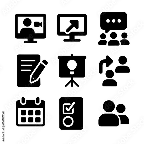 Collaborative Icon Set. Solid, filled icon set of collaborative features on interactive displays: video call, shared screen, group