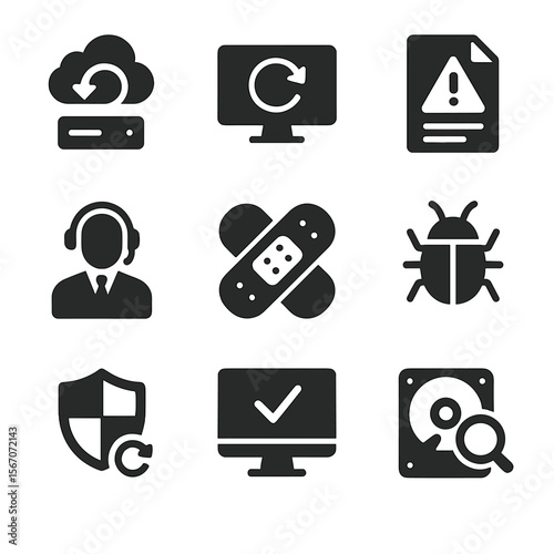 Cybersecurity Recovery Icons. Solid, filled icon set of cybersecurity incident recovery: backup restore, system reboot, incident