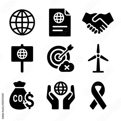 Climate Action Icons. Solid, filled icon set of climate policy and action: globe, policy document, handshake, protest sign,