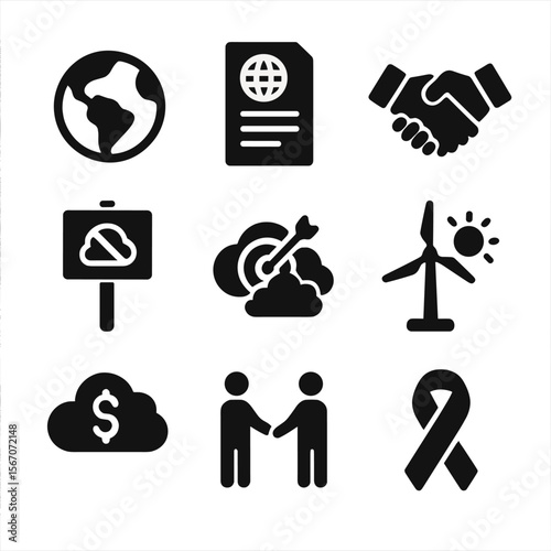 Climate Action Icons. Solid, filled icon set of climate policy and action: globe, policy document, handshake, protest sign,