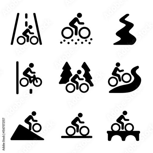 Cycling Path Icons. Solid, filled icon set of cycling path types: paved road, gravel trail, dirt path, bike lane, forest trail,