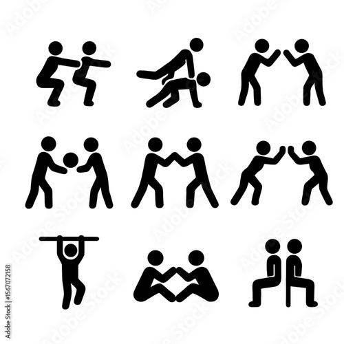 Partner Exercise Icons. Solid, filled icon set of partner bodyweight exercises: partner squat, wheelbarrow walk, partner push-up,