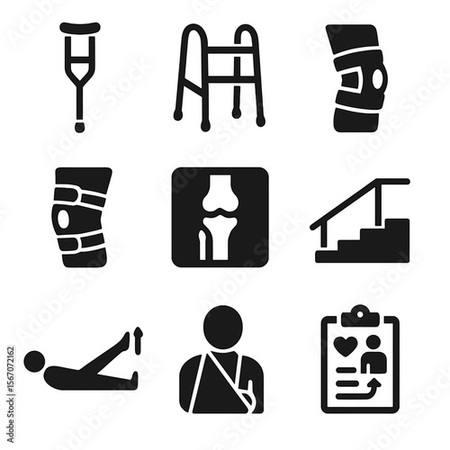 Orthopedic Icons Grid. Solid, filled icons set of orthopedic rehabilitation: crutch icon, walker frame,