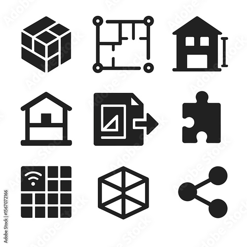 Architectural Icons Grid. Solid, Filled icon set of architectural integration features: BIM model icon, floorplan with sensor