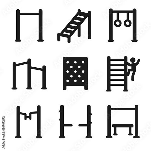 Outdoor Fitness Icon Set. Solid, filled icons set of outdoor fitness climbing frames: pull-up bar, incline