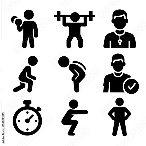 Fitness Form Icons. Solid, filled icons set of a fitness coach demonstrating proper form: dumbbell, barbell,