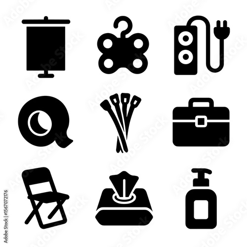 Exhibitor Gear Icons. Solid, filled icon set of exhibitor gear and supplies: roll-up banner, cable organizer, extension cord, tape
