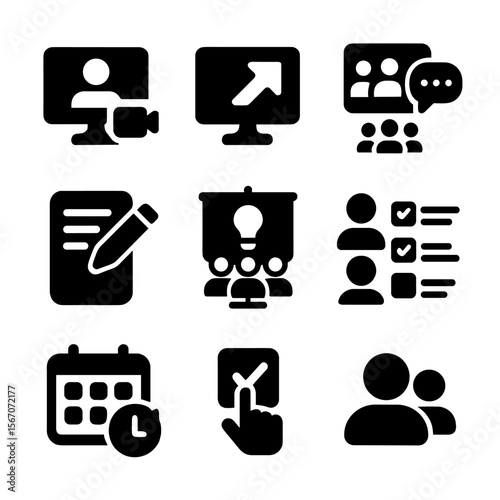 Collaborative Icon Set. Solid, filled icon set of collaborative features on interactive displays: video call, shared screen, group